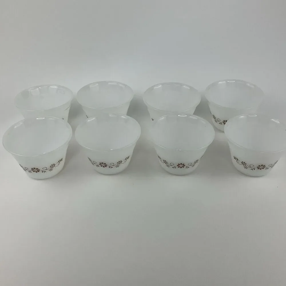 Dynaware Pyr-O-Rey Milk glass Brown Daisy Dishes Full Set of 12 1960s VTG Rare